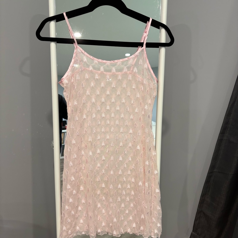 Vintage Y2K Sheer Pink mesh heart fairycore lingerie tank strap Dress